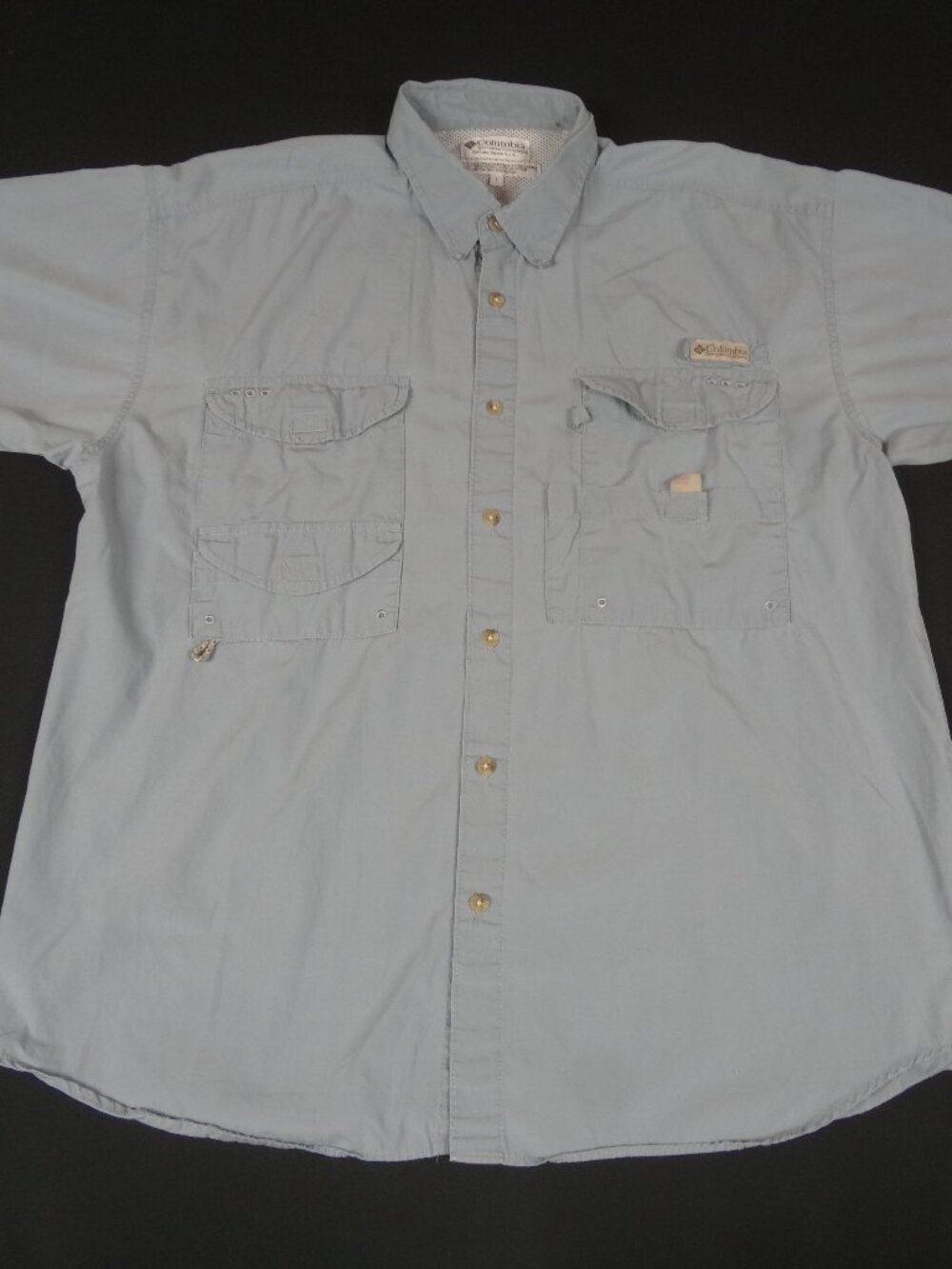 COLUMBIA VENTED BUTTON UP BLUE/GRAY LARGE FISHING TAN SHIRT L569